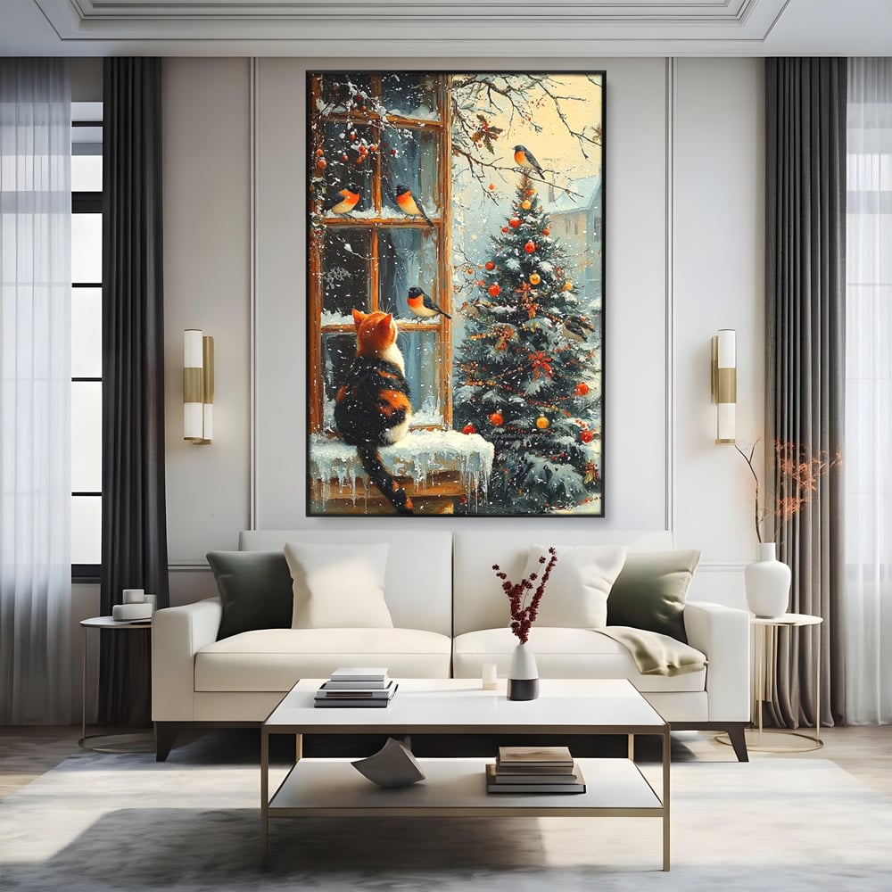 Tablou canvas cu tablou canvas cu pisica priveste pasari la fereastra, in rama de aluminiu negru, pe perete intr-un living